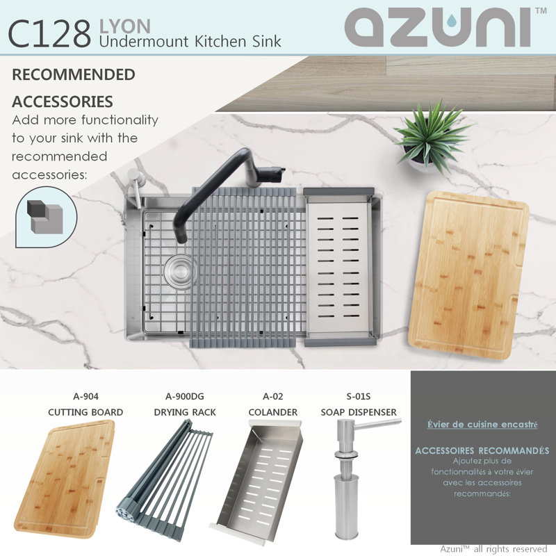 AZUNI 28 inch Undermount Reversible Single Bowl Kitchen Sink with